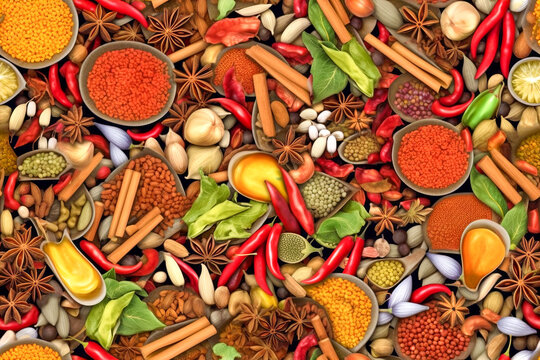 Background image of piles of colourful spices and flavourings. repeat seamless pattern fully tileable