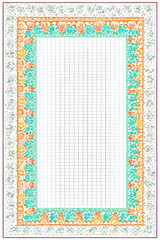 stationery, letter, invitation, or scrapbook paper or card design - turquoise, oral, coral, and white frame around white grid background - intricate border design