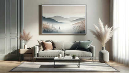Elegant living room interior with a modern sofa, decorative pillows, a large framed landscape painting, plants and natural light from the window. Interior design concept. AI generated.