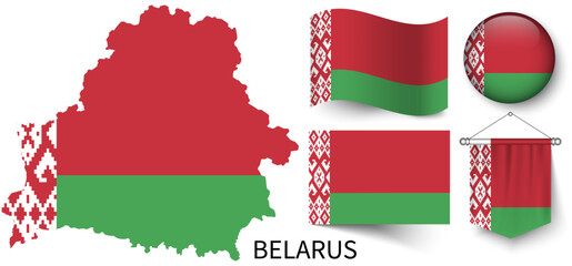 The various patterns of the Belarus national flags and the map of the Belarus borders