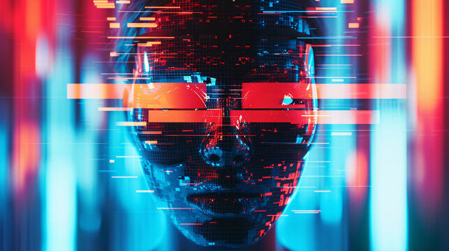 Face Obscured by a Distorted Digital Mask in a Virtual Reality Setting.