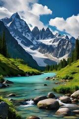 A mountain landscape is a picture of a mountain range and the surrounding scenery. Mountains are often seen as majestic and beautiful, and a mountain landscape can evoke a sense peace and tranquility.
