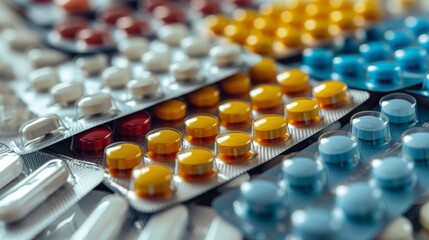Close up vitamin, medicine pill tablet in packs, Generative AI