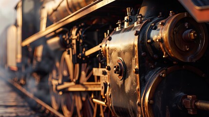 Close-Up View of Vintage Steam Locomotive Engine, Detailed Machinery, Golden Hour Lighting