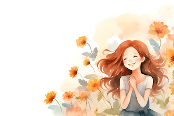 Watercolor cheerful excited cartoon girl in flower background with copy space for femininity woman girfriend female wife sister daughter illustration