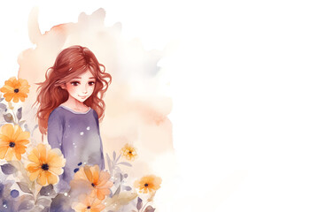 Watercolor cartoon elegant young girl in flower background for female woman femininity people concept