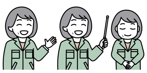 作業服で説明する女性のポーズセット