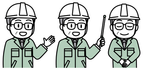作業服・ヘルメット姿で説明する男性のポーズセット
