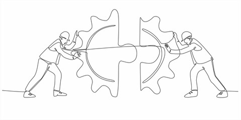 continuous line Engineer putting jigsaw puzzle together vector illustration