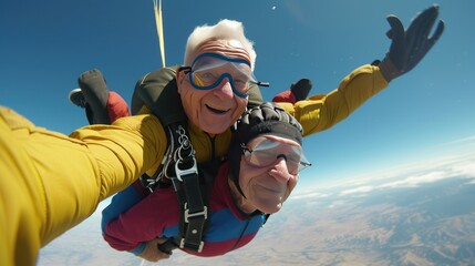 2 old people skydiving from the plane happily The sky is clear.