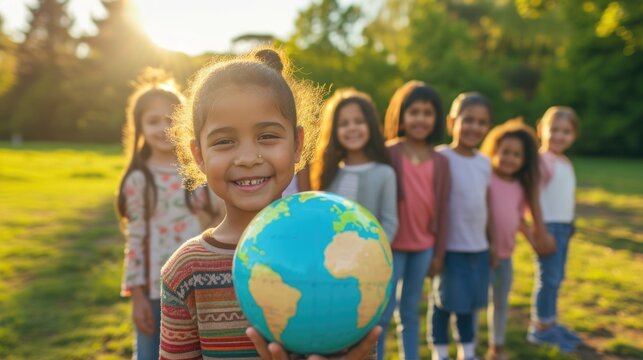 Group of diverse children standing outdoors, girl in front holding a globe, smiling and cheerful, sunny day, green grass and trees in background, concept of global unity and future.

