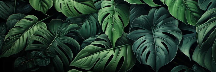 Lush, dark green tropical leaves in close-up. Concept for nature-inspired designs or wellness spaces. Ideal for backgrounds with copy space.