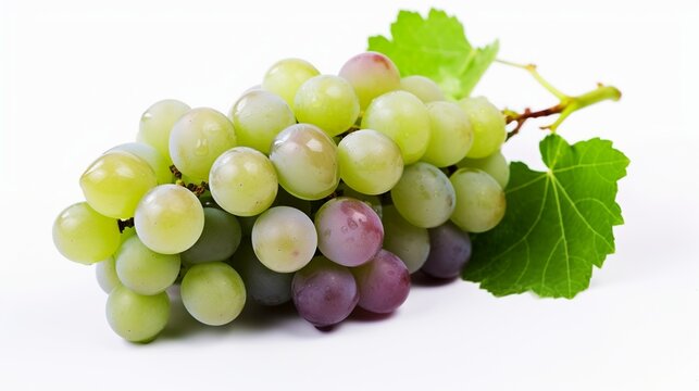 Bunch of grapes with green leaves isolated on a white background.