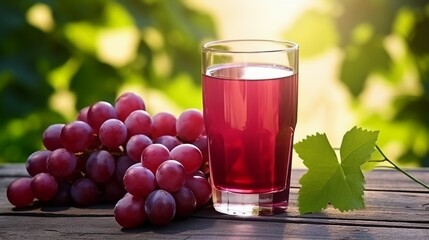 Grape juice in a glass and ripe grapes on a wooden table