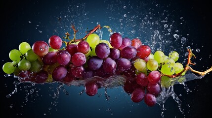 Flying grapes with water splashes on black background