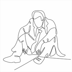 Continuous line drawings of young men feeling sad, tired and worried about suffering from depression in mental health. problems, failures and concepts of heartbreak