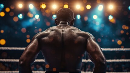 African boxer stands victorious in the ring, the lights shine, the view is beautiful.