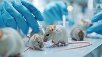 Biologists are experimenting with mice in a chemical laboratory.