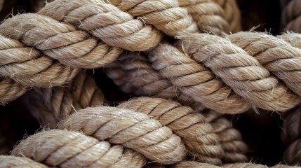 Bold rope. Closeup of old thick nautical ropes. Heavy strong ropes background.