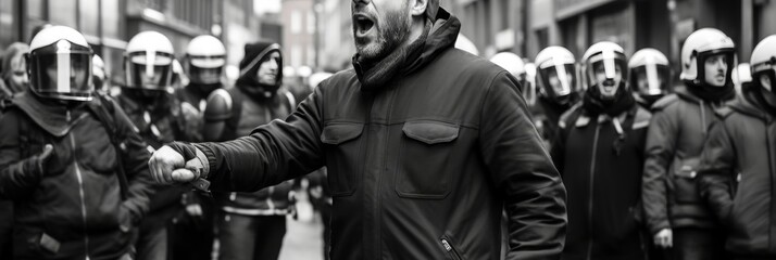 Activist leading protest with megaphone during large-scale demonstration with group of demonstrators