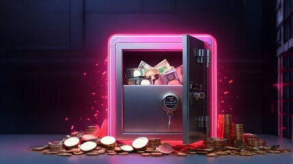 Golden coins and dollars fall out the opened metallic money safety box. Vault, Safe box, money-saving, and stored money concept. Financial protection concept, financial safety. Banking safety symbol
