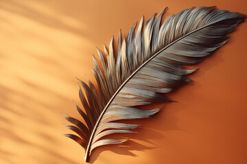  Blue feather casting intricate shadows on an orange surface. Concept for art, design inspiration, creative projects. Copy space available.
