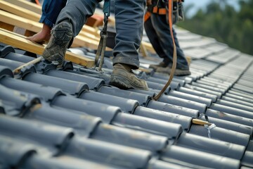 Construction worker wearing safety harness belt during working on roof structure of building on construction site.