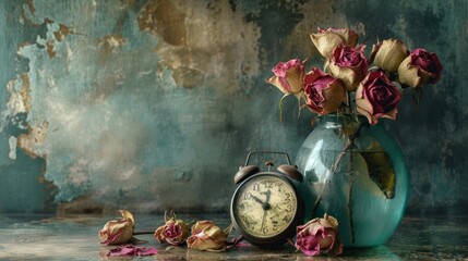 Dried roses in a vase with water and a clock telling that time is running out.
