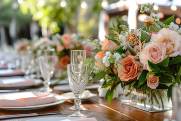 Close up of wedding reception table setting with flower arrangements