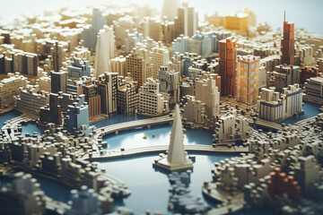 Naklejka premium Toy miniature cardboard cityscape model on table. Generative AI