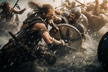 Epic vikings fight in battle among water splashes. Generative AI