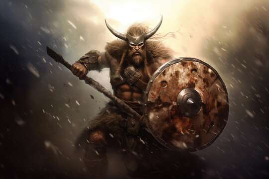 Viking berserker with animal fur and war paint. Generative AI