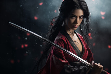 Fototapeta premium Japanese samurai woman with katana sword. Generative AI