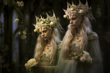 Elves women in an enchanted forest. Generative AI