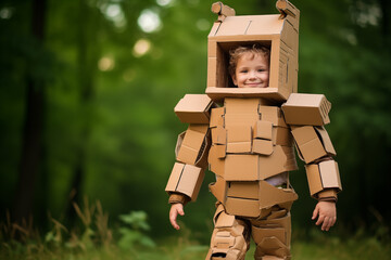 Smiling adorable child in carton robot costume outdoor at summer. Generative AI