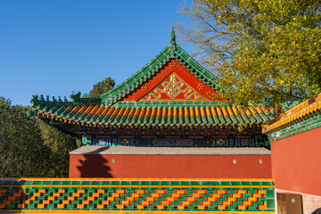 Fototapeta premium Beautiful Chinese architectural ornament adorning a triangular roof side of the lower palace at a historical traditional palace used by the Chinese Royal Families.
