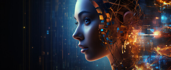 Futuristic cyborg woman, merging human features with advanced technology against an urban digital