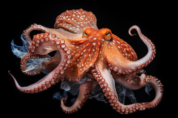 Fototapeta premium Big octopus during a hunting sequence underwater. Generative AI