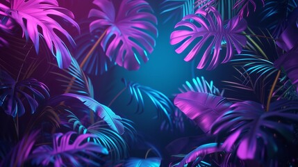 Fototapeta na wymiar Neon Background with Tropical Leaves - 4K Realistic Glow