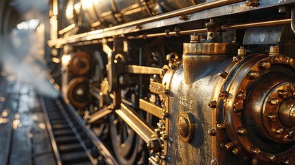 Close-Up View of Vintage Steam Locomotive Engine, Detailed Machinery with Brass and Steel Components Illuminated by Sunlight