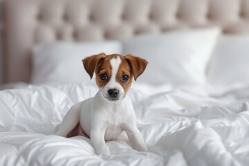 Tiny Jack Russel terrier puppy on the white bed close up. Dog pet