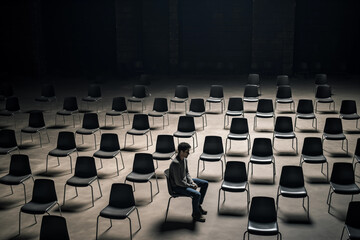 Fototapeta premium Alone man sitting inside huge empty hall with many chairs. Generative AI