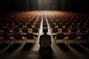 Alone man sitting inside huge empty hall with many chairs. Generative AI