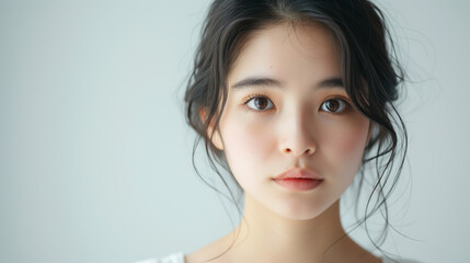 Fototapeta premium A Japanese Asian girl with natural beauty, in a white background photo studio, soft highlights depict her natural hue, Ai generated image