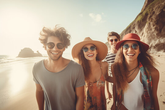 Happy cheerful friends travel together. Generative AI
