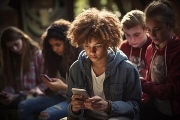 Fototapeta premium Young beautiful girl using social medias on her smartphone in evening with her friends hear. Generative AI