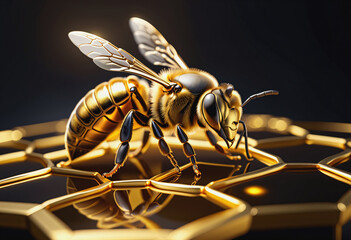 Macro of bee made from gold on black background - obrazy, fototapety, plakaty