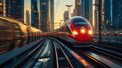 High speed train, tall building, evening light, low Iso, bright light, high perspective