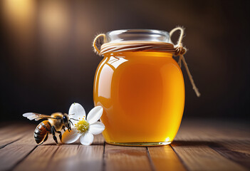 Bees and honey jars on a wooden floor - obrazy, fototapety, plakaty