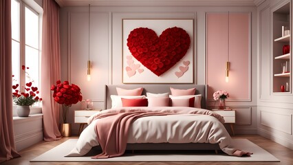 Valentine's day interior design. Cozy and warm Valentine's day bedroom. Generative AI